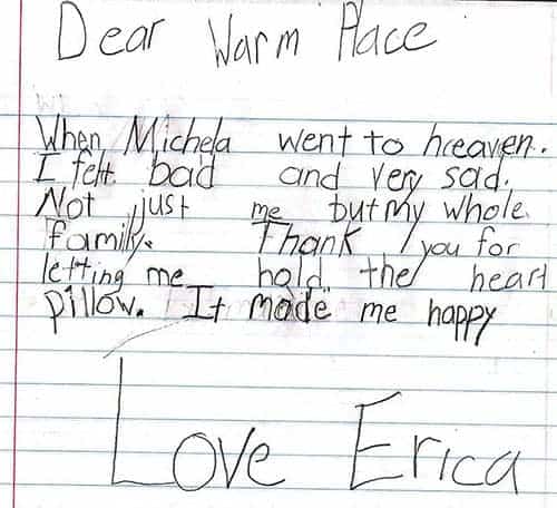 A child's thank you letter to The WARM Place.