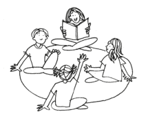 Kids sitting in a circle; illustration.