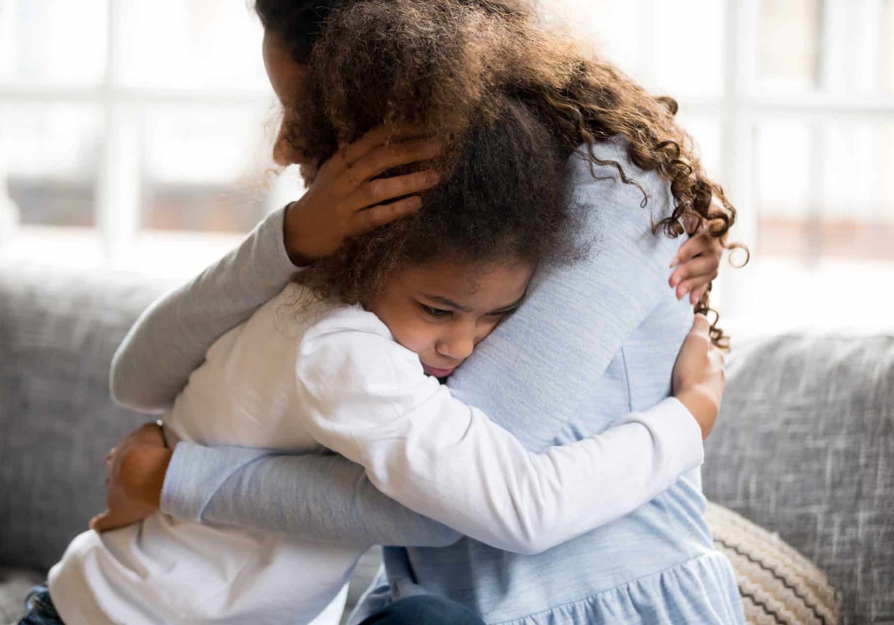 Black,African,Mother,Embrace,Little,Preschool,Frustrated,Kid,Sitting,On