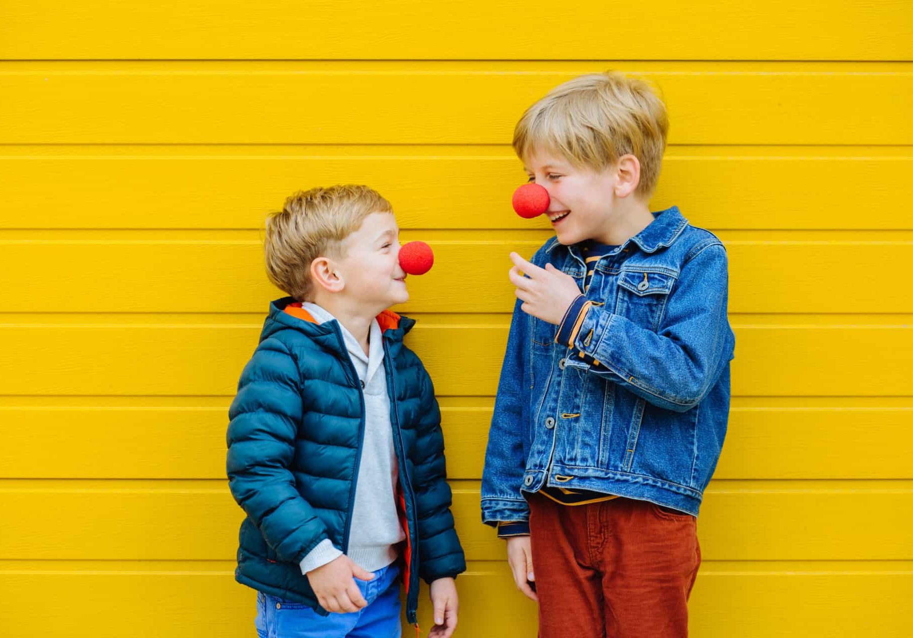 Red,Nose,Day,Concept.,Happy,Little,Brothers,Looks,At,Each
