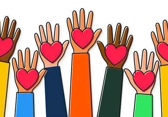 Charity, volunteering and donating concept. Raised up human hands with red hearts. Children's hands are holding heart symbols. Line art style. Vector