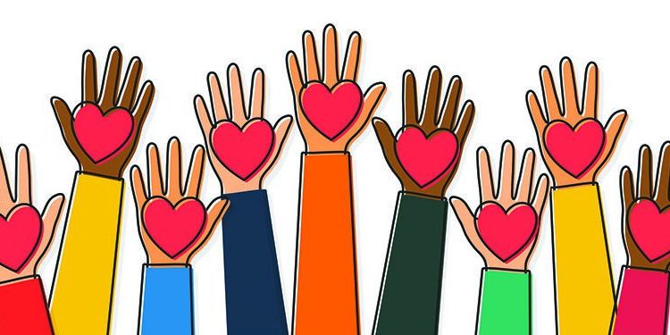 Charity, volunteering and donating concept. Raised up human hands with red hearts. Children's hands are holding heart symbols. Line art style. Vector
